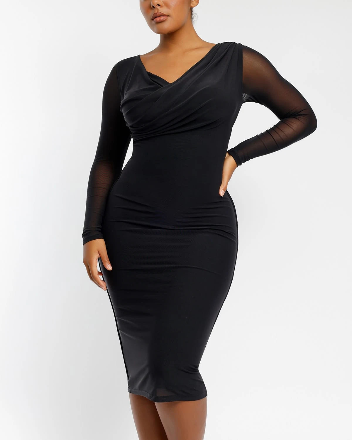 V Neck Dress for a cocktail party look-Mesh Draped V-Neck Shaping Dress