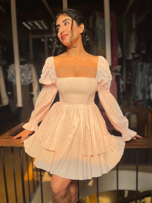 Puff sleeve dress with high waist for elongating effect-Pixie Baby Pink Puff Corset Dress