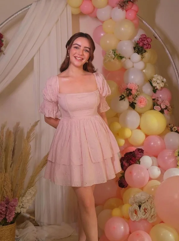 Puff sleeve dress for an effortlessly chic appearance-Pixie Baby Pink Schiffli Puff Corset Dress