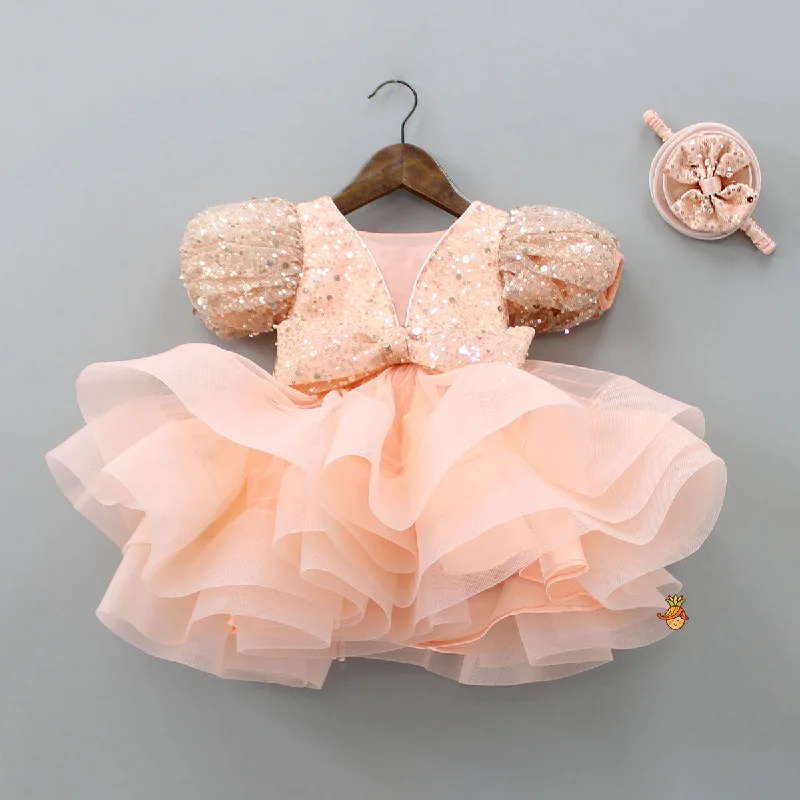 Puff sleeve dress for chic date night outfit-Pre Order: Sequined Peach Puff Sleeves Ruffle Dress With Bowie Head Band