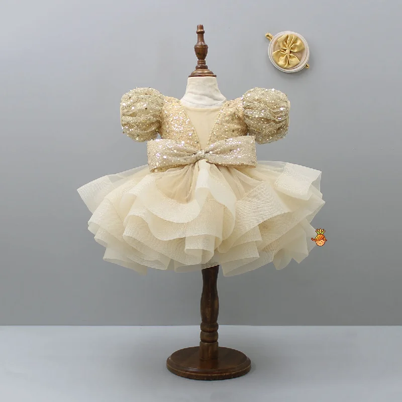 Puff sleeve dress with ruffled sleeves for bold style-Pre Order: Sequins Enhanced Puff Sleeves Ruffle Dress With Bowie Head Band