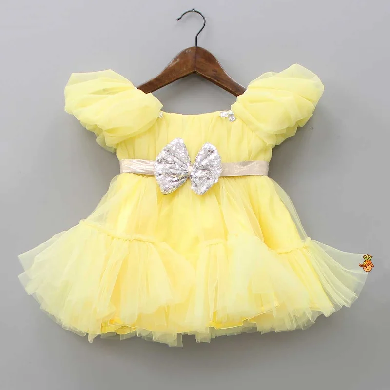 Puff sleeve dress with empire waist for comfort and style-Puff Sleeves And Ruffle Hem Yellow Fancy Dress