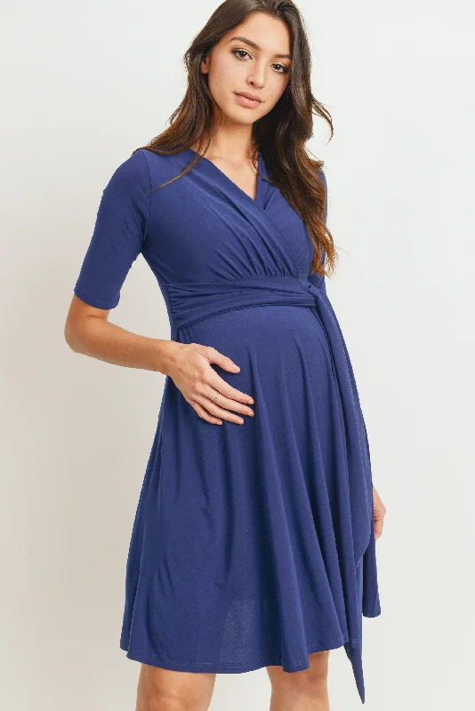 V Neck Dress for a day-to-night transition-Solid Side Tie V-Neck Maternity Dress