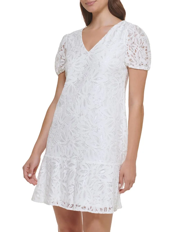 Puff sleeve dress for everyday elegance and charm-Womens Lace Puff Sleeves Shift Dress