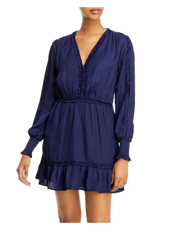 V Neck Dress with subtle stripes for added texture-Womens Ruffled V Neck Mini Dress