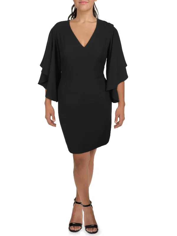 Trendy V Neck Dress with wrap-effect design-Yaira Womens V Neck Midi Shift Dress